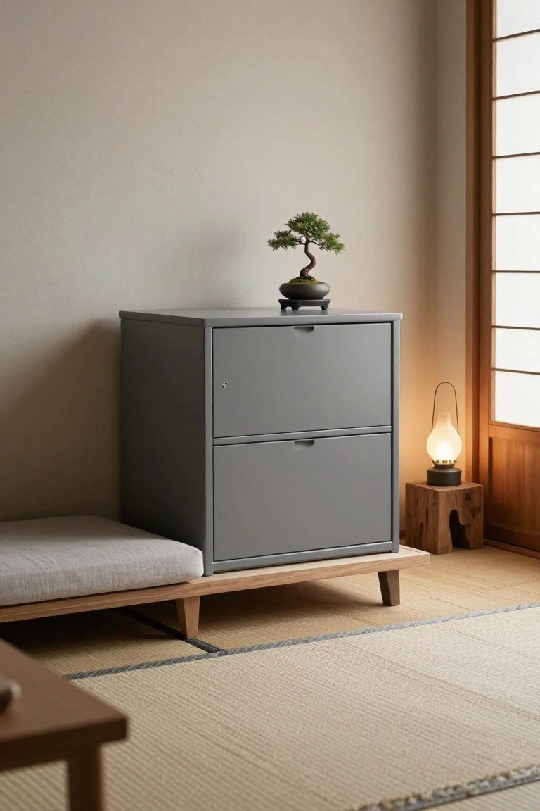 Gray two-drawer cabinet with bonsai on wooden platform beside lantern.