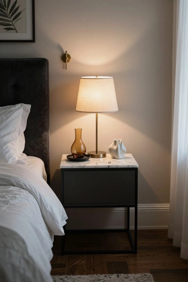 Bedside table with lit lamp, vases, and marble top near bed.