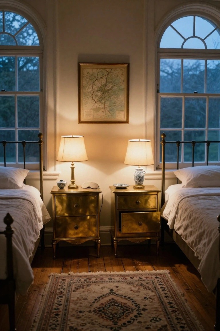 Two brass nightstands with glowing lamps sit between white-sheeted beds.