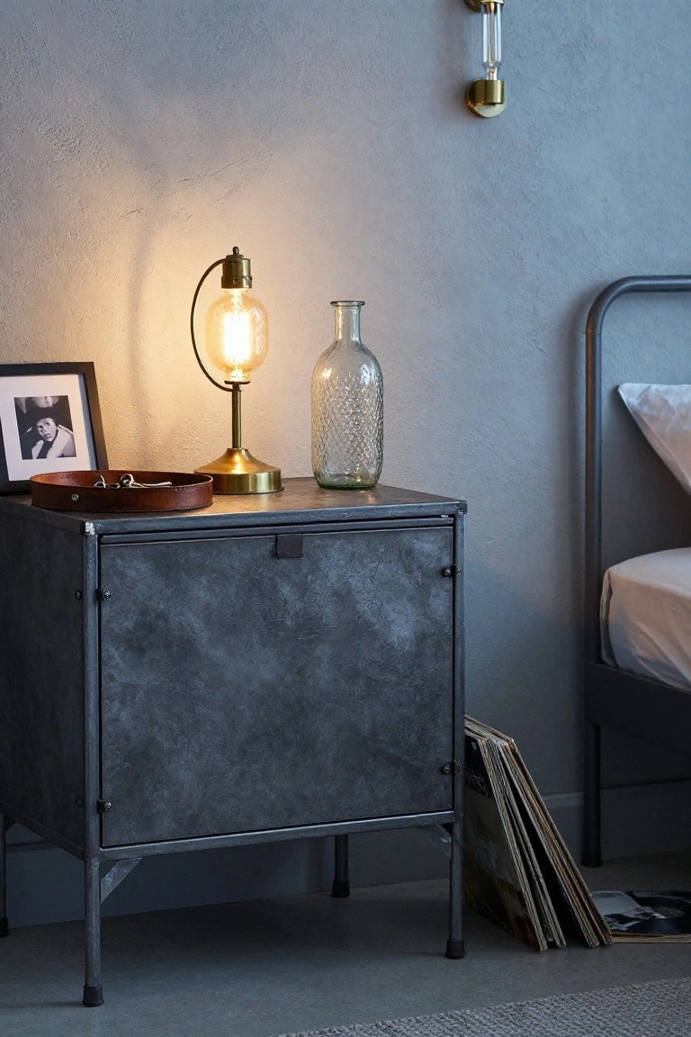 A dark metal cabinet serves as a bedside table topped with a lit lamp and a glass vase, positioned next to a bed with vinyl records leaning against its side.