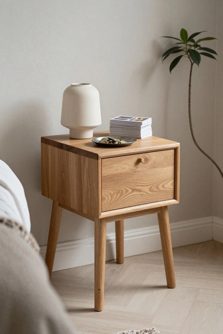 A light oak bedside table with tapered legs and one drawer, topped with a ceramic vase, a stack of magazines, and a small metal tray.