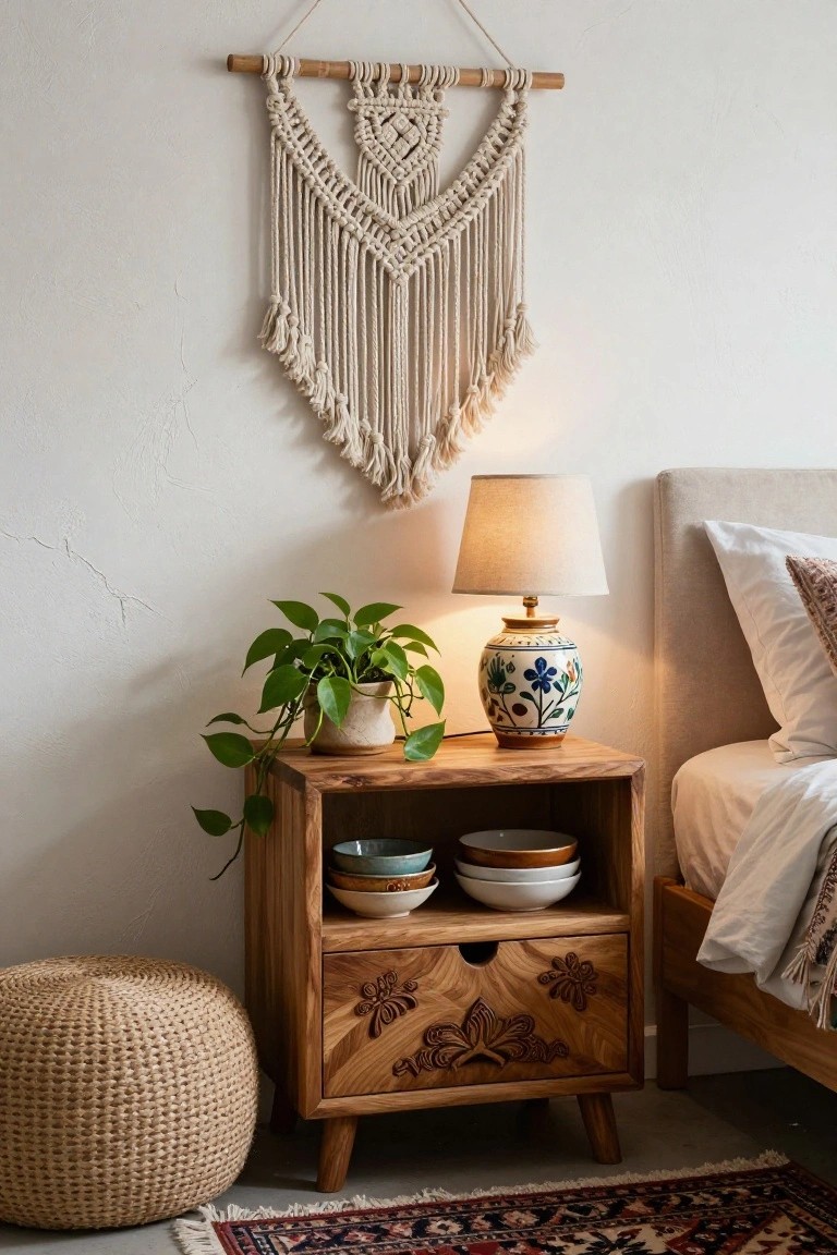 Cozy bedroom corner with macrame wall hanging, wooden nightstand, lamp, and potted plant.