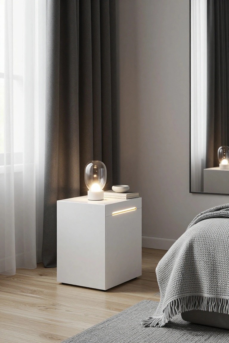 A white cube nightstand with a glowing glass lamp on top and a lit horizontal strip on the drawer front sits beside a bed in a neutral bedroom.