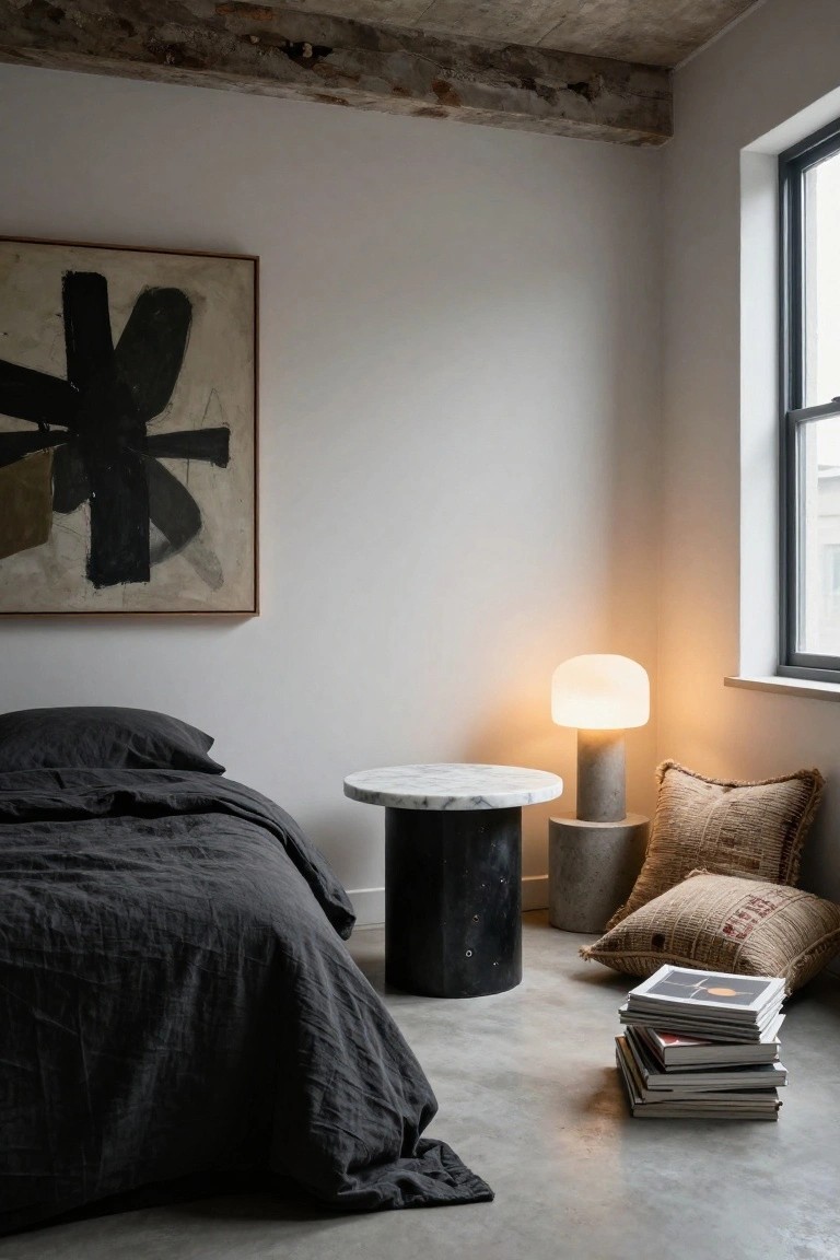 A minimalist bedroom with a bed covered in dark gray linens, an abstract painting on the wall, a round marble-topped pedestal table beside the bed, a lit lamp on a concrete base, and stacked books on the concrete floor next to burlap pillows.