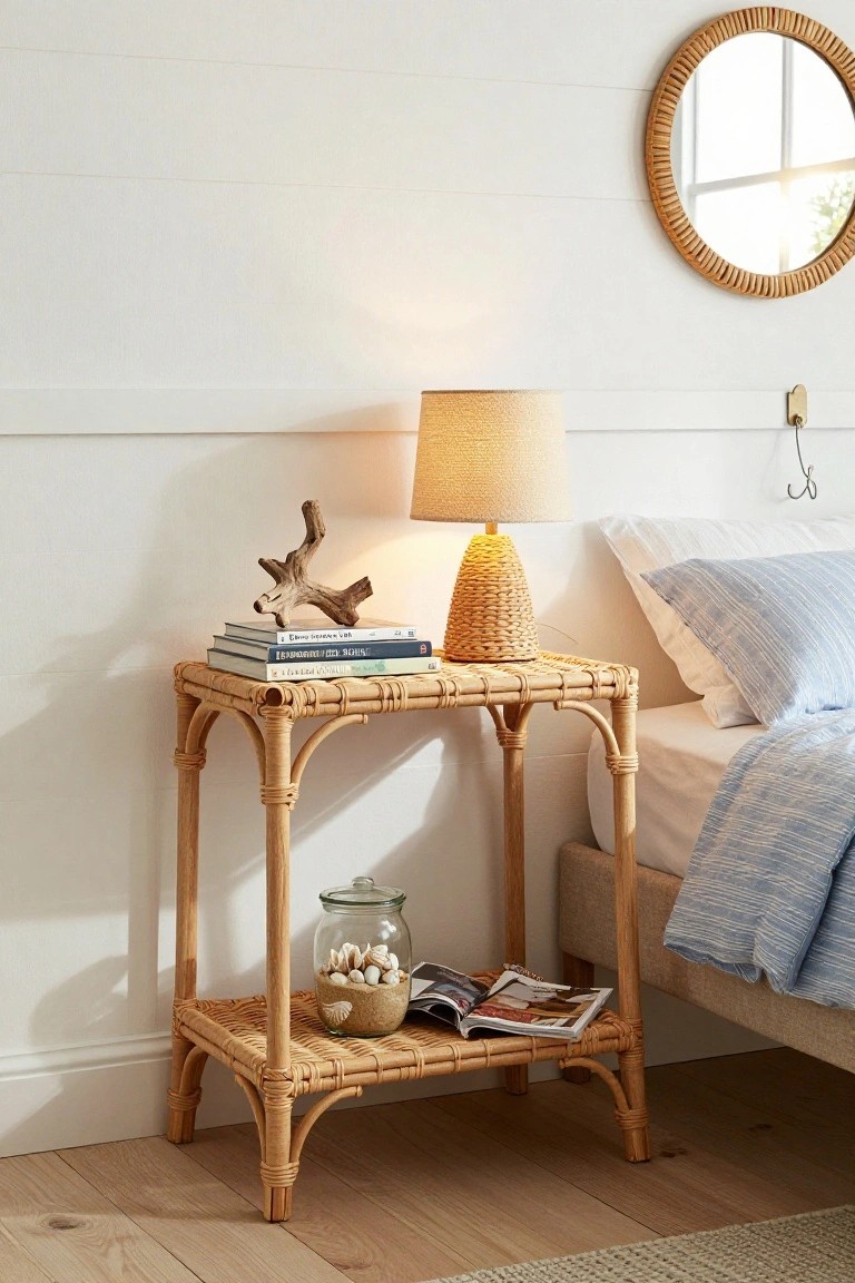 Rattan nightstand with woven lamp, books, seashells, and open magazine.