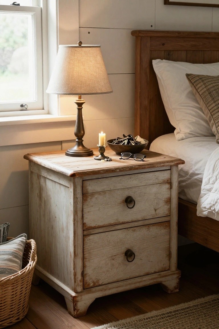 Rustic weathered nightstand with lamp, candle, and bowl beside wooden bed.
