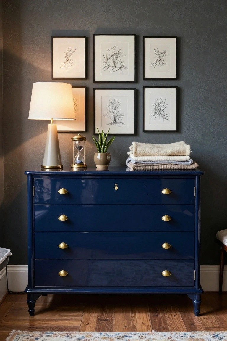 A navy blue chest of drawers with gold knobs holds a lamp, hourglass, plant, and folded blankets, with six framed drawings arranged on the wall above.