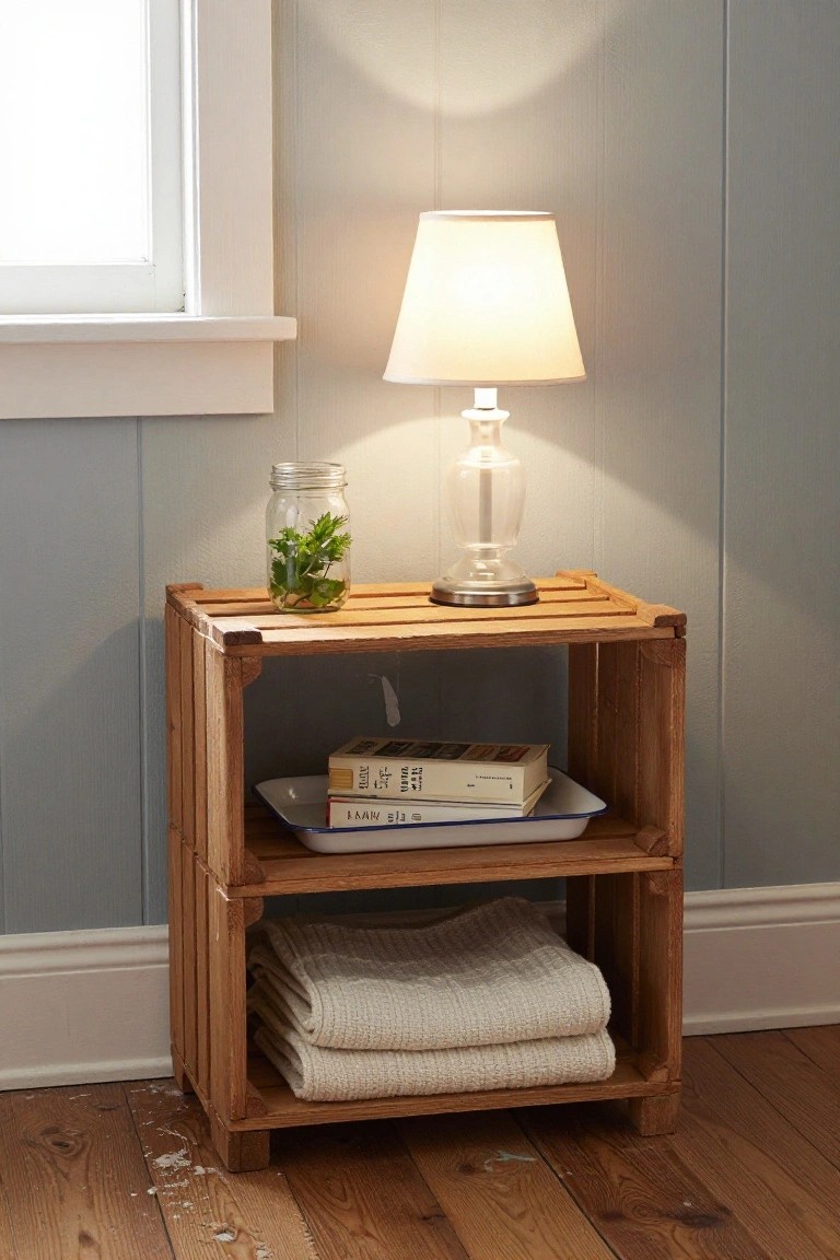 A wooden crate used as a bedside table with a lamp and glass jar on top and books stored inside on the middle shelf.