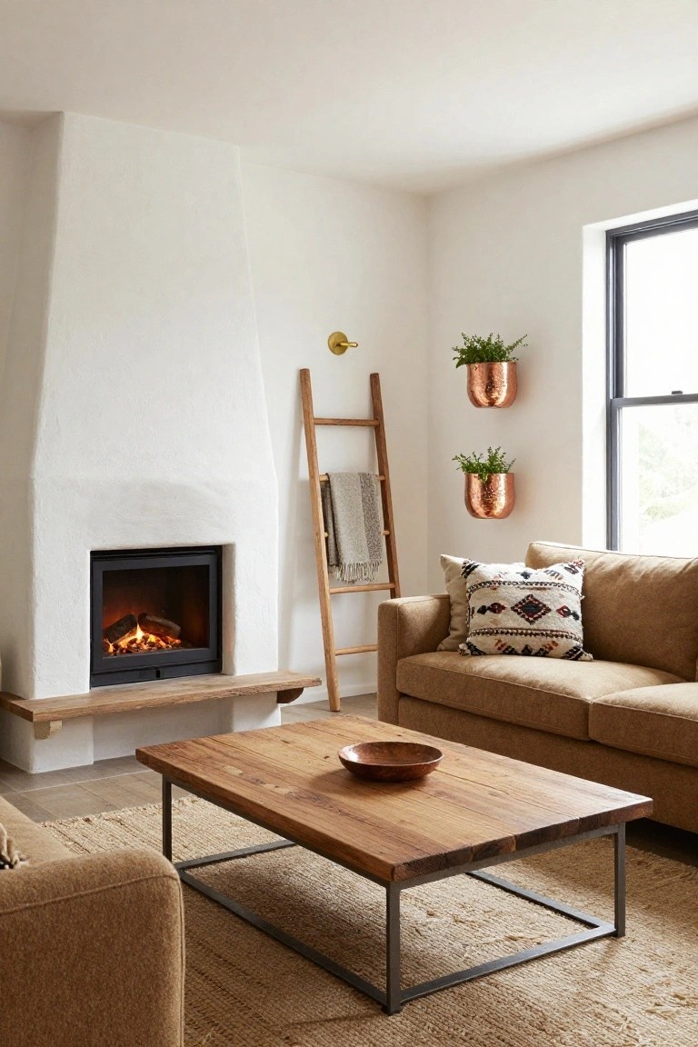 Beige sofa facing a white curved fireplace with gas flames, wooden coffee table holding a wooden bowl, wooden ladder shelf with gray throw, hanging copper planters with greenery, and beige rug in a white-walled room with large window.
