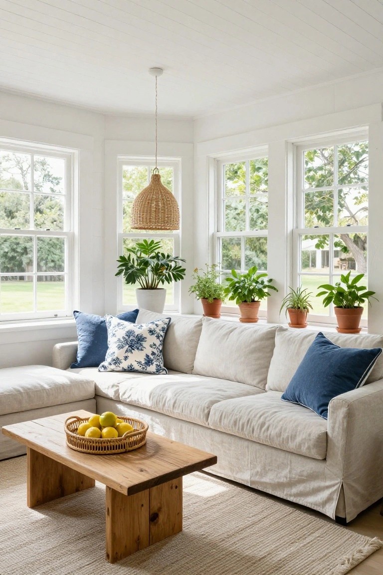 White-walled bay window room with beige linen L-shaped sofa, blue and white pillows, wooden coffee table with woven basket of lemons, potted plants on windowsills, rattan pendant light overhead.