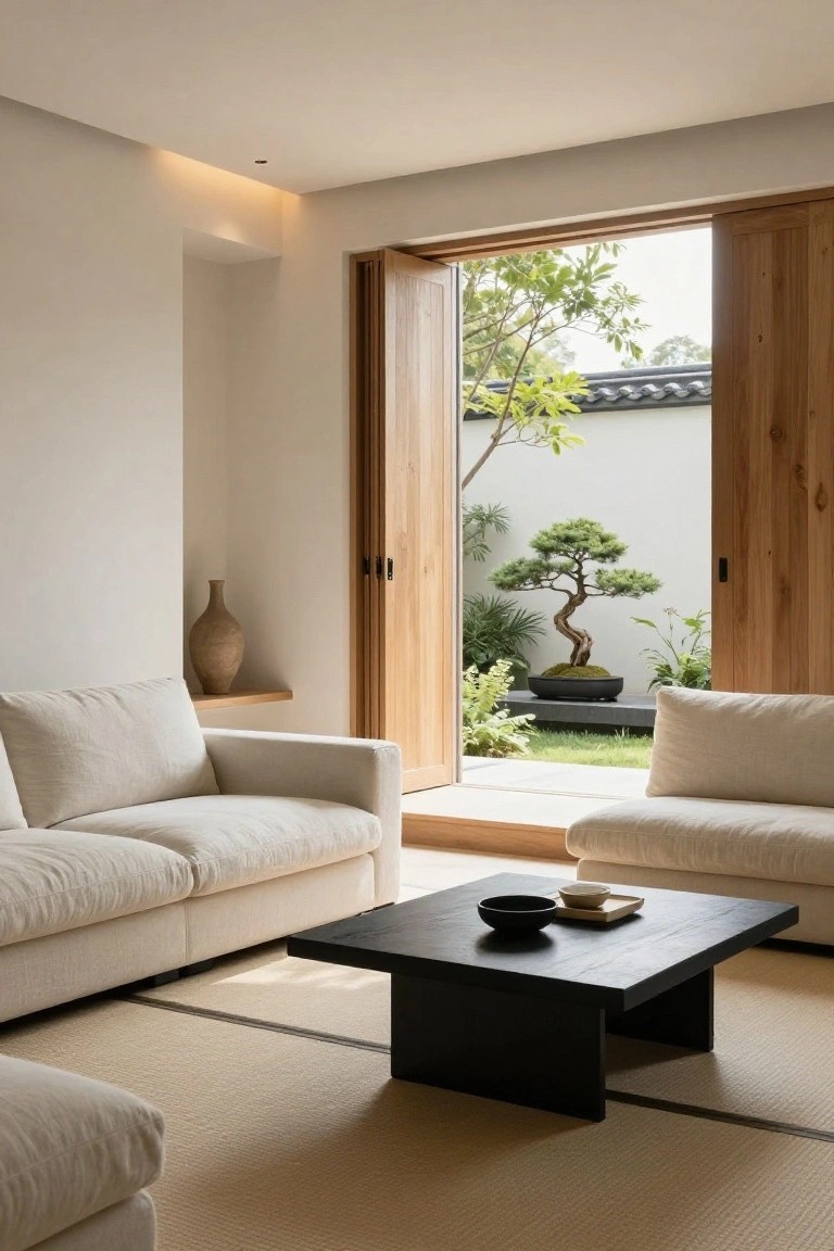Minimalist living room with two low cream fabric sofas around a black wooden coffee table on tatami mats, white walls, and open wooden sliding doors to a courtyard garden featuring a bonsai pine tree, greenery, and stone elements.