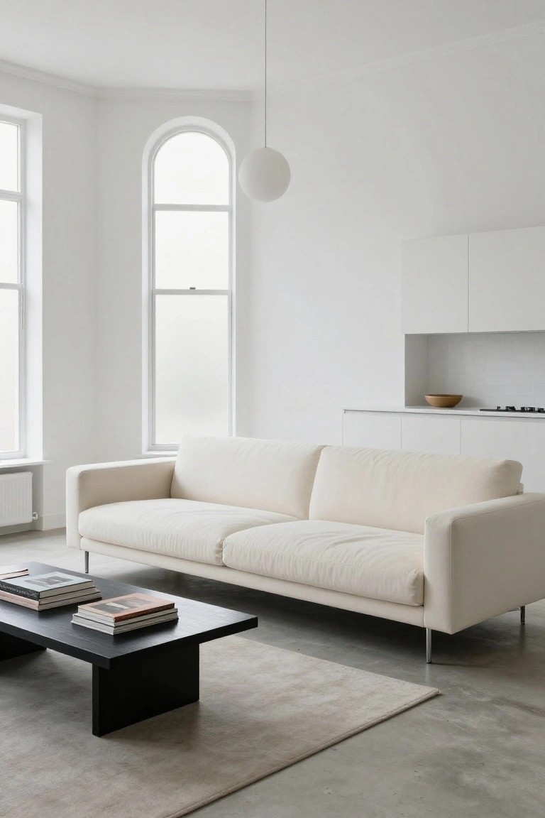 Minimalist living room with a cream-colored L-shaped sofa, black rectangular coffee table holding stacked books, white walls, arched window with frosted glass, white kitchen cabinets, and polished concrete floor.