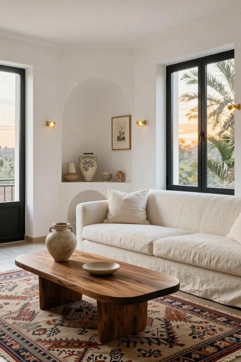 A corner of a white-walled living room with a large creamy white sofa, low rectangular wooden coffee table on a patterned terracotta rug, tall terracotta vase nearby, arched niche shelf holding ceramics and a framed artwork, and black-framed windows showing palm trees at sunset.