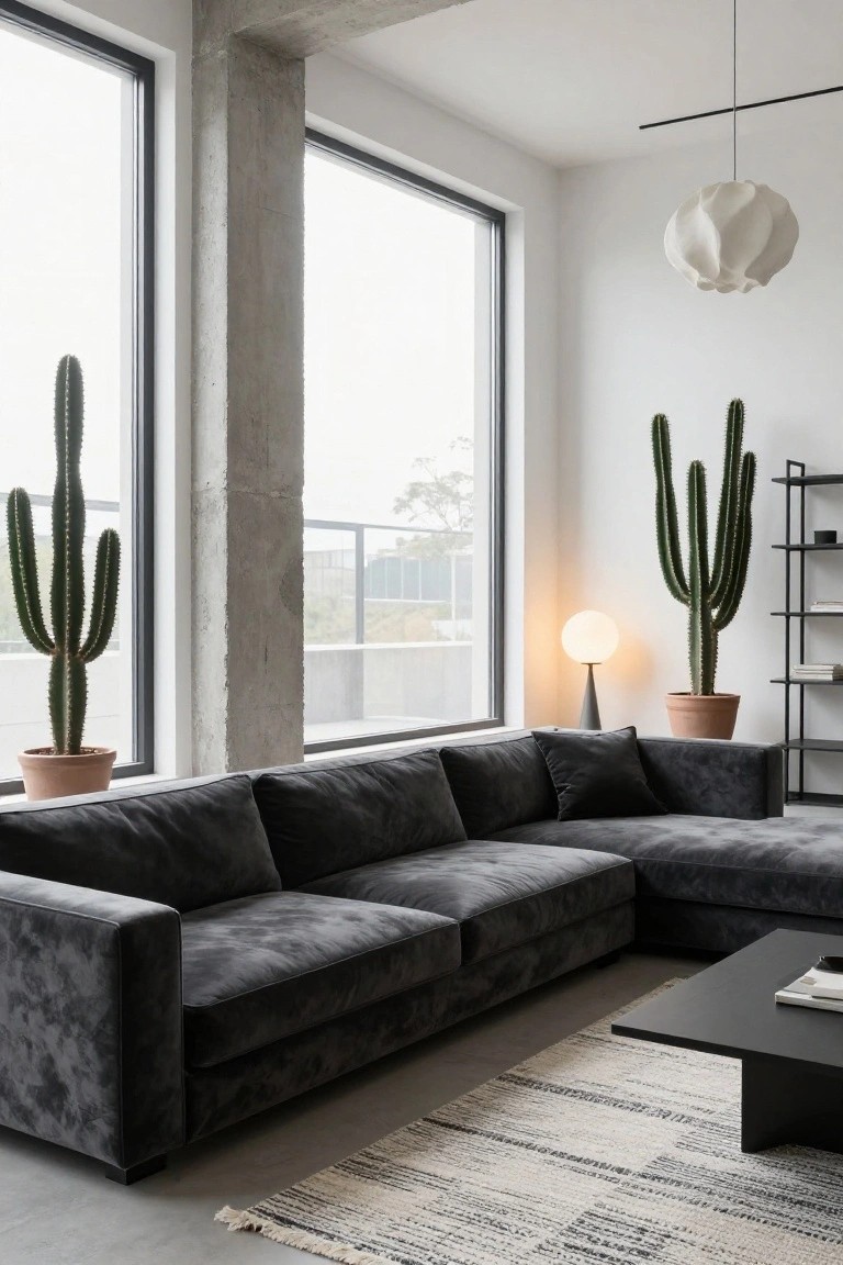 Modern industrial living room featuring a black velvet L-shaped sofa, two tall potted cacti, exposed concrete beams and columns, large windows with views outside, white walls, black metal shelving, and a low black coffee table on a concrete floor.