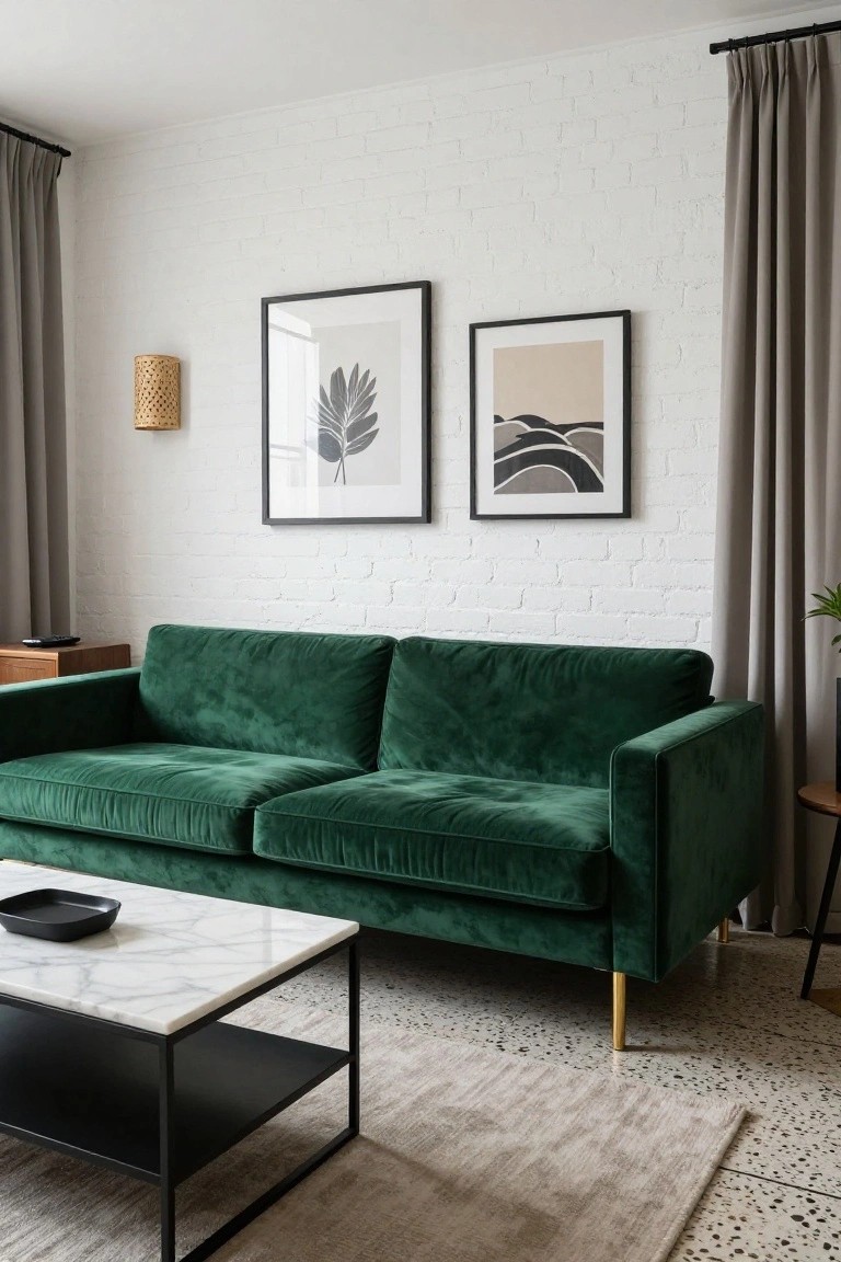 Living room with green velvet sofa on brass legs facing white brick wall, black metal coffee table with white marble top, two abstract framed prints, rattan wall light, gray curtains, wood side tables, and small plant.