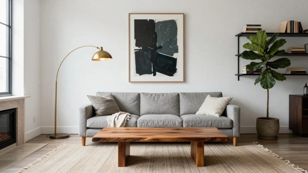 Light gray three-seater sofa in a white-walled living room with marble fireplace, walnut coffee table on seagrass rug, fiddle leaf fig plant on shelf, abstract tan and black artwork, and gold arc lamp next to window.