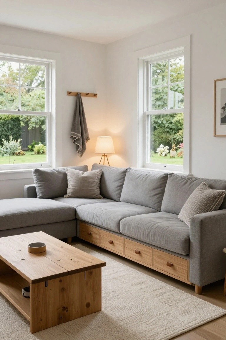 Gray L-shaped fabric sofa with wooden base drawers and legs in a white-walled living room, wooden coffee table, floor lamp, towels on wall hook, and garden view through large windows.