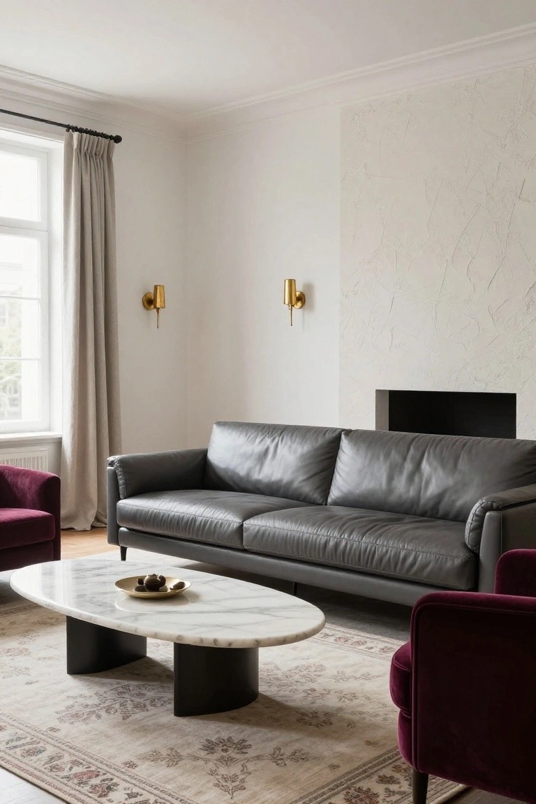 Modern living room with curved gray leather sofa, two burgundy velvet armchairs, oval white marble coffee table on black legs, beige patterned rug, white walls, fireplace, gold sconces, and linen curtains on a window.