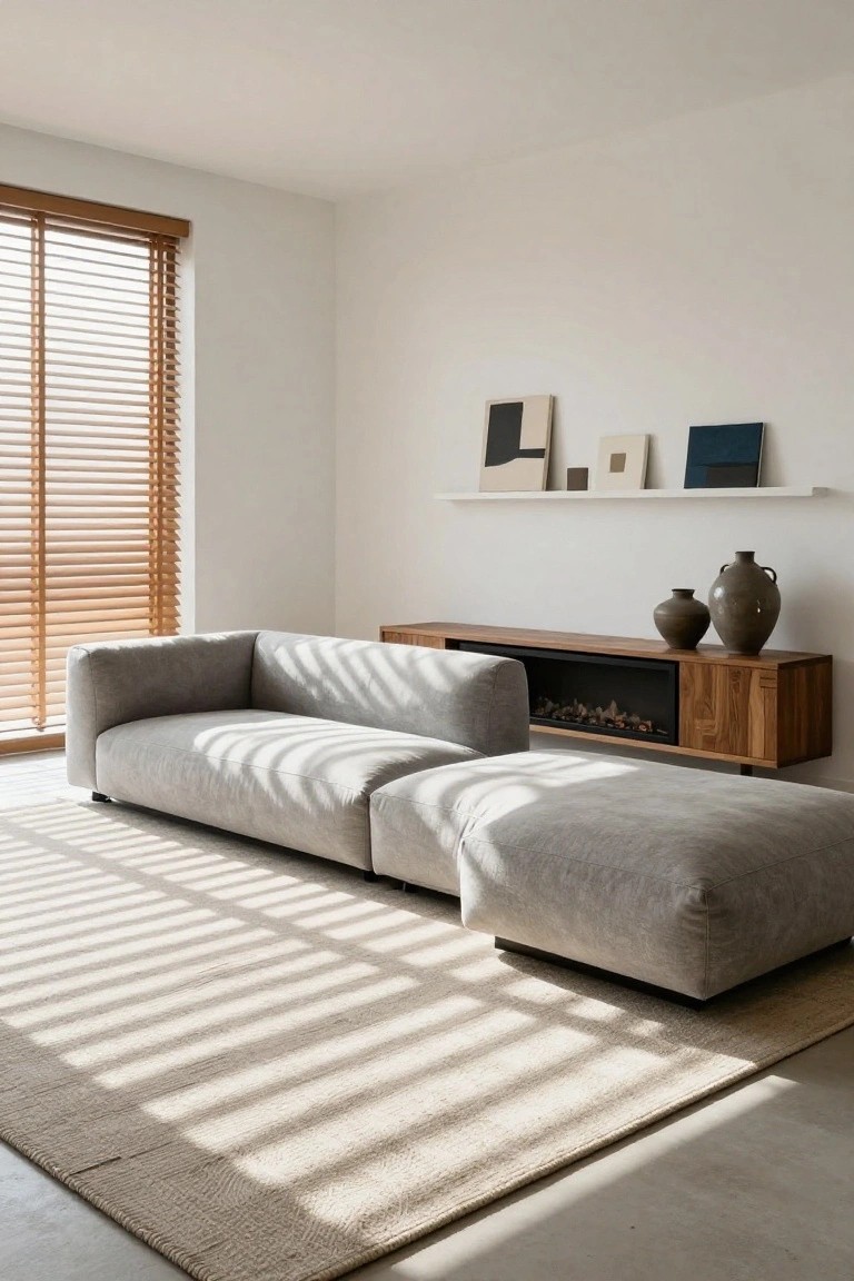Modern living room with large light gray modular sofa and attached ottoman in front of wooden media console with gas fireplace, white walls, floating shelves with art and ceramics, wooden blinds, and beige rug on concrete floor.