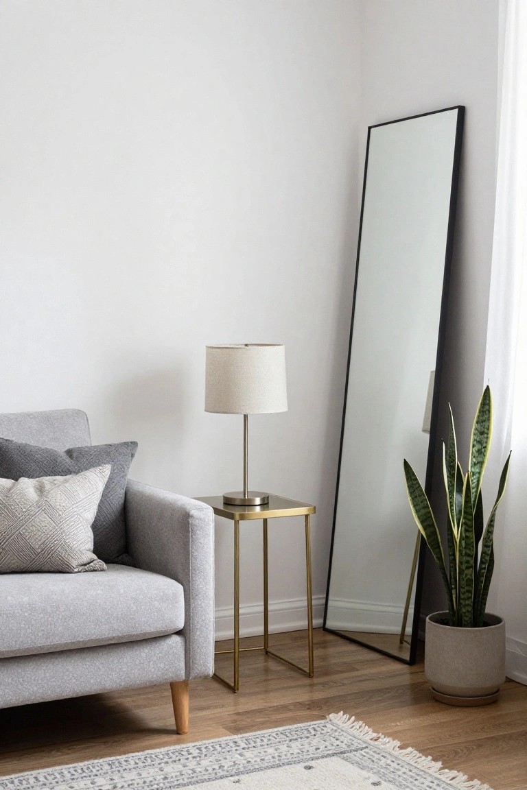 Corner of a white-walled room with light gray textured sofa and pillows, gold metal side table with fabric lampshade, tall slim black-framed floor mirror leaning against wall, potted snake plant, and patterned rug on wood floor.