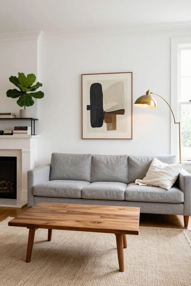 Light gray three-seater sofa in a white-walled living room with marble fireplace, walnut coffee table on seagrass rug, fiddle leaf fig plant on shelf, abstract tan and black artwork, and gold arc lamp next to window.