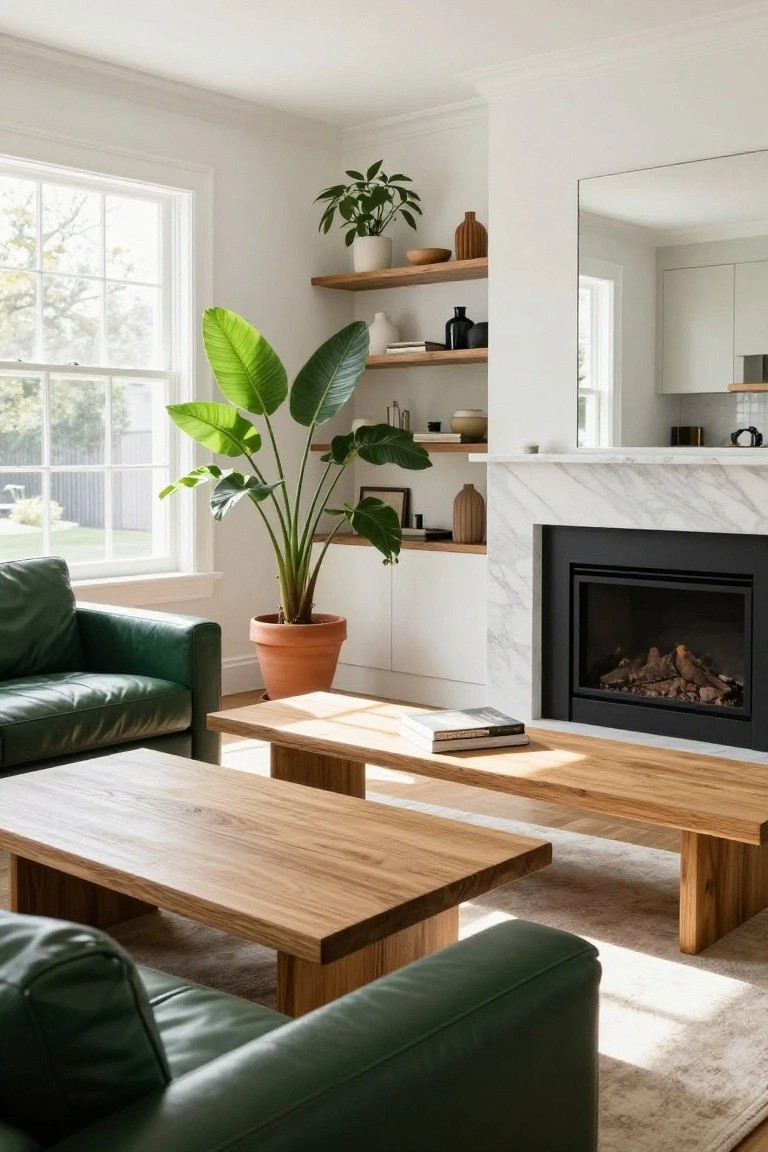 Modern living room with green leather sofa, wooden tables, and marble fireplace.