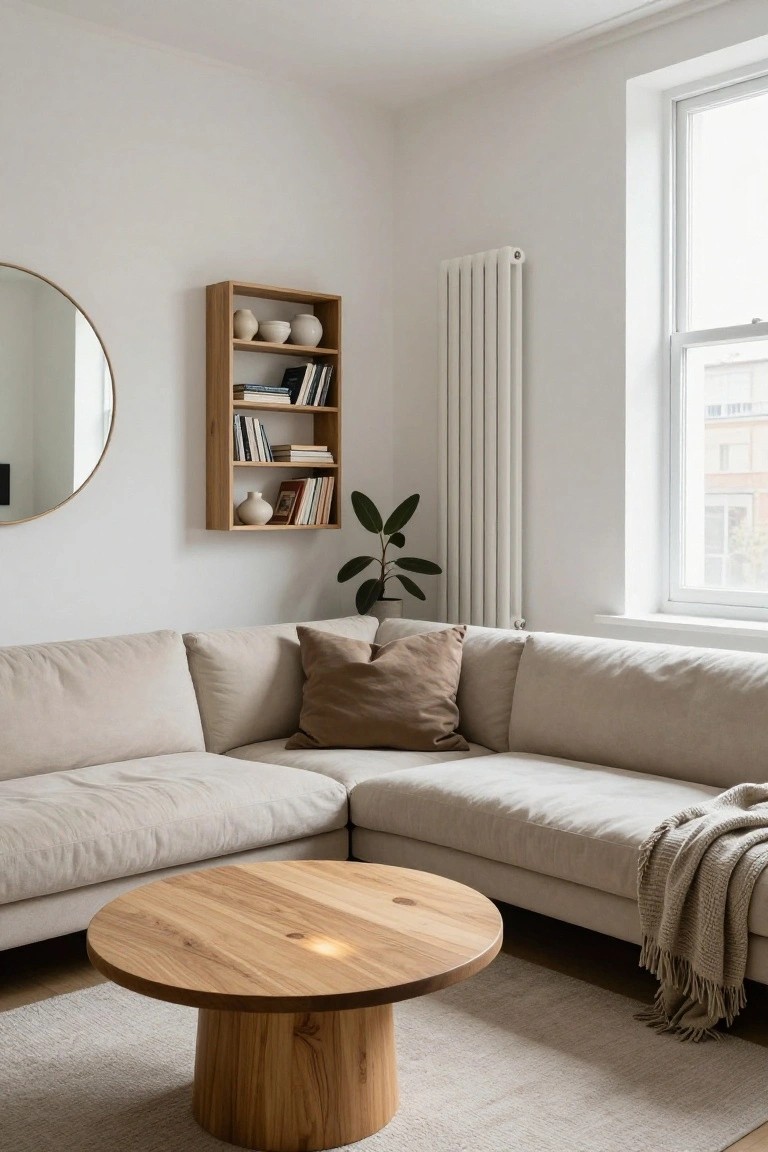 Corner of a living room with a beige L-shaped linen sofa, round pedestal coffee table made of natural wood, floating wooden shelves holding ceramics and books, large round mirror, potted plant, white radiator, and window with white frame.