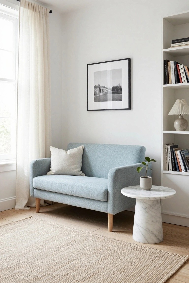 Light blue two-seater sofa with a cream pillow in a white-walled room featuring a window with sheer curtains, built-in bookshelves, a black-framed photo of a bridge, a white lamp, a marble pedestal side table holding a potted plant, and a beige seagrass rug on light wood floors.