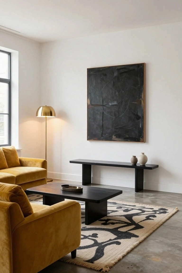 Living room with mustard yellow velvet L-shaped sofa, black wood coffee table holding a tray, black bench with two ceramic vases, gold floor lamp, large framed abstract black painting on white wall, and black and white patterned rug on polished concrete floor.