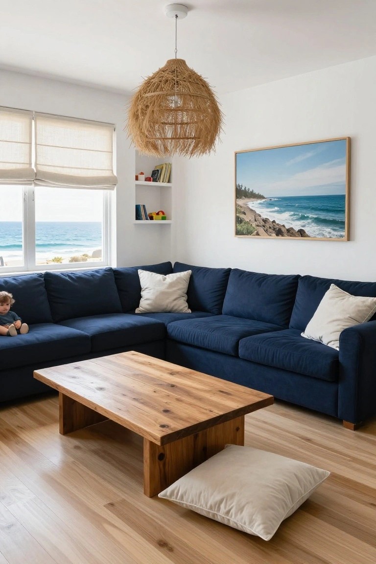 White-walled living room with navy blue L-shaped sectional sofa, low wooden coffee table, white throw pillows, rattan pendant light over the table, built-in shelves, and large window showing ocean view.
