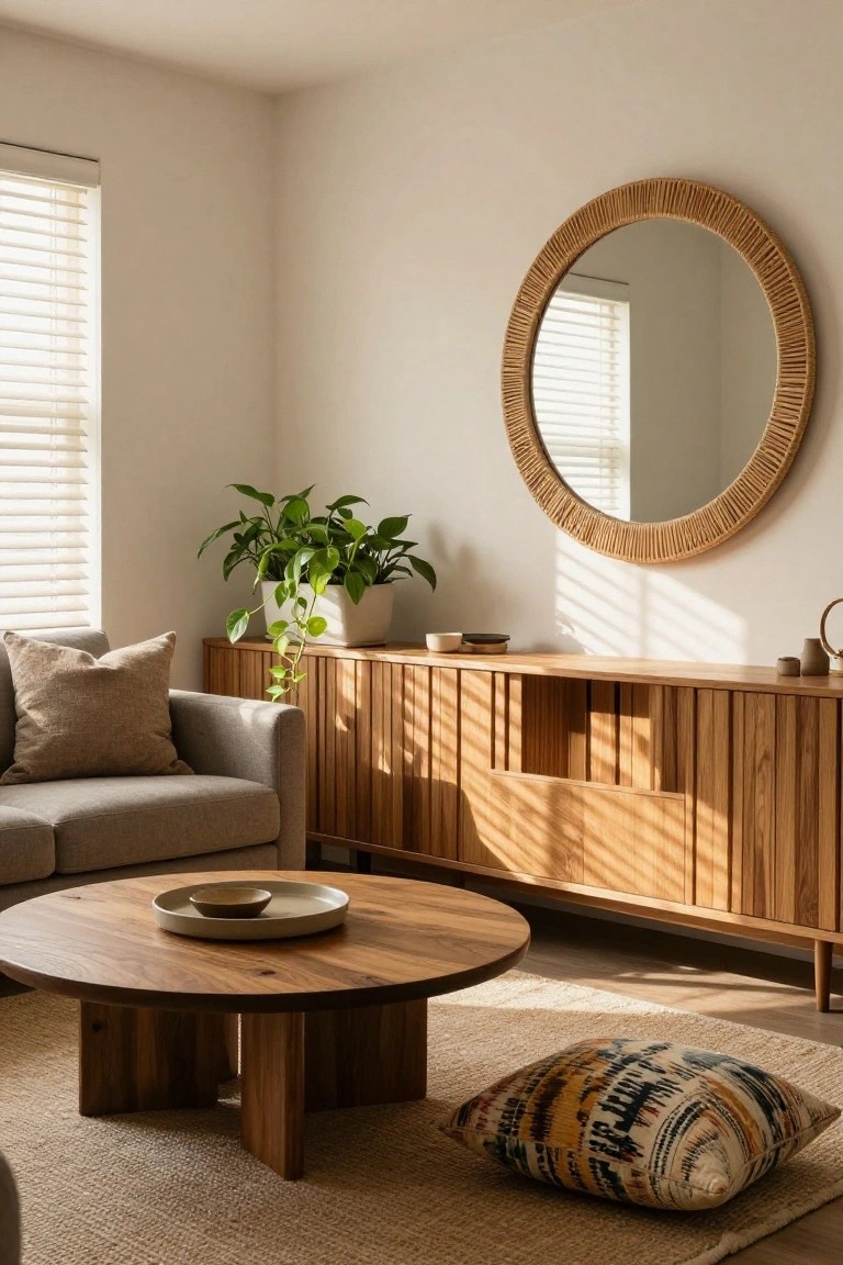 Light gray sofa in a white-walled living room corner next to a tall slatted wooden credenza with open shelving, round rattan mirror above, potted trailing plant on credenza, round wooden coffee table with ceramic dishes, colorful floor pillow, and jute rug.