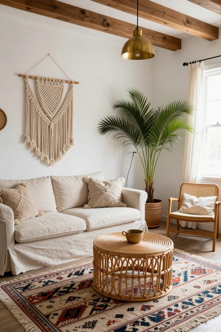 Living room with beige slipcovered sofa with textured pillows, round rattan coffee table with cup, rattan armchair with pillow, potted palm plant, macrame wall hanging, colorful patterned rug, white walls, wooden ceiling beams, and gold pendant light.