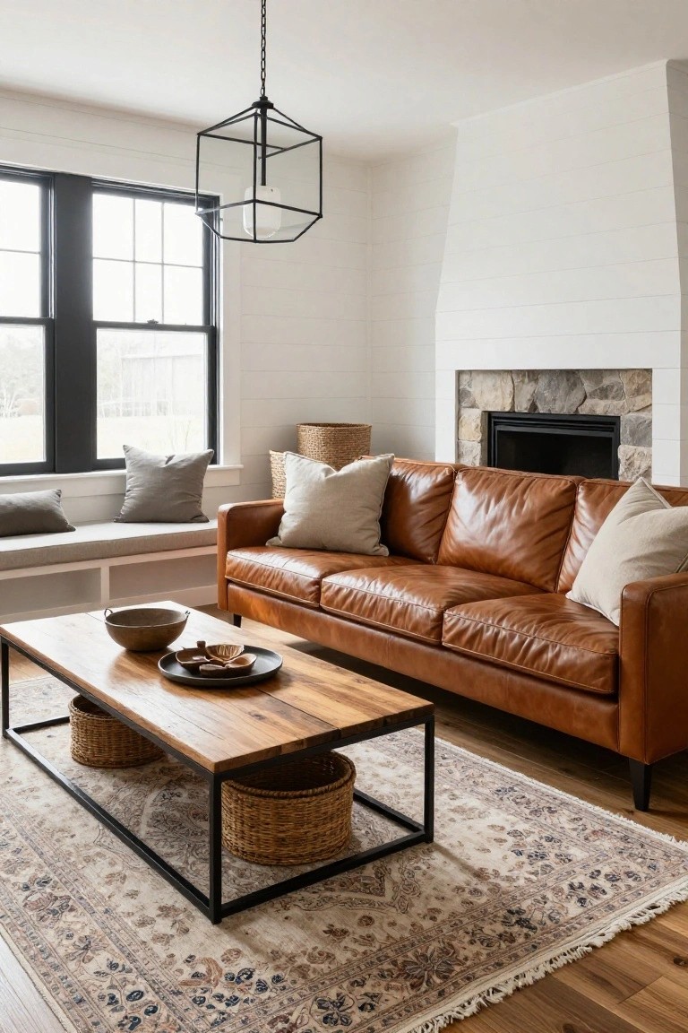 Tan leather three-seater sofa in a white shiplap-walled living room with black-framed windows, stone fireplace, wood coffee table on black metal frame, woven baskets, and beige Persian-style rug.