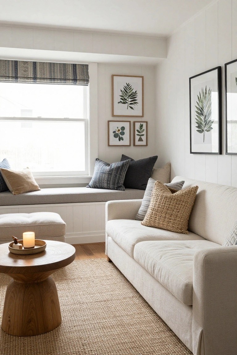 White slipcovered sofa and cushioned window seat banquette in a white paneled room with seagrass rug, round wood pedestal coffee table holding a candle, assorted neutral pillows, and framed botanical prints on the walls.