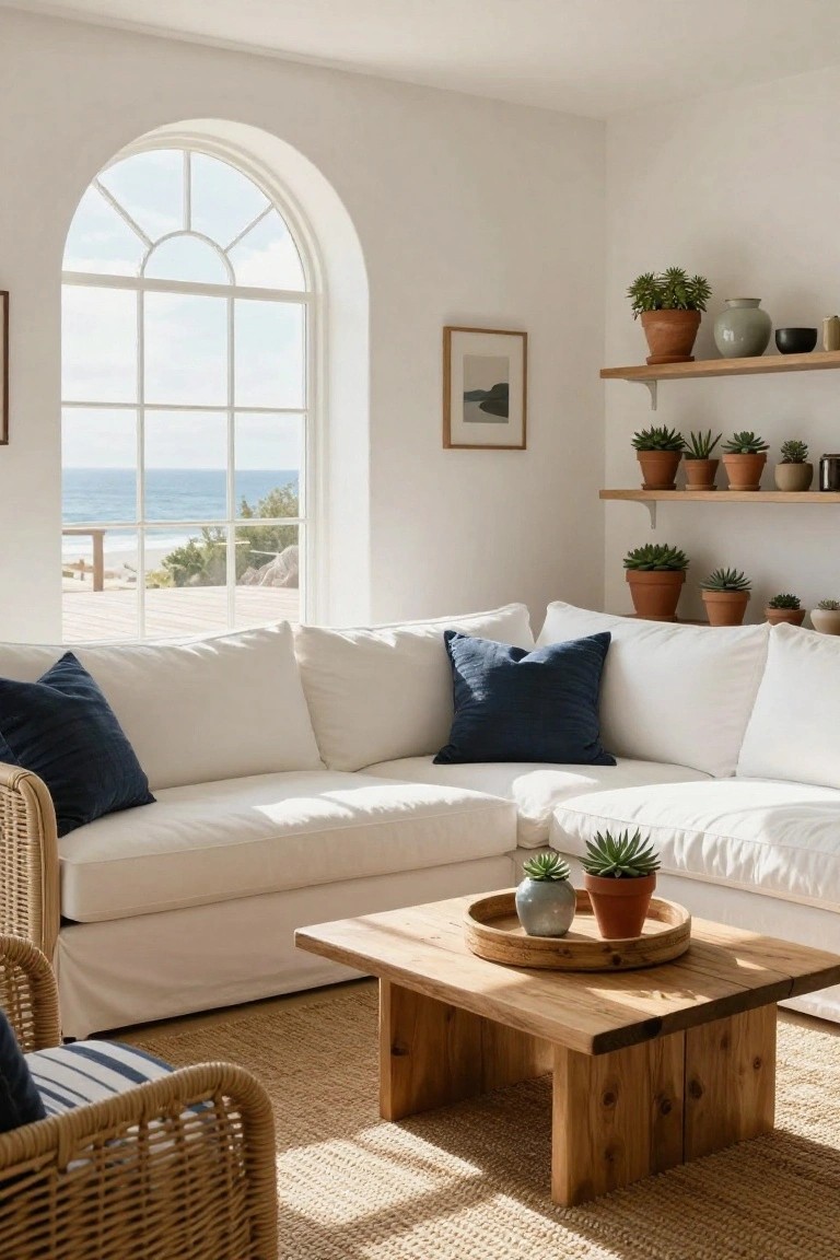 White slipcovered sofa with navy pillows in a white-walled living room, arched window overlooking the ocean and beach, wooden coffee table, rattan chairs, potted plants on shelves, and seagrass rug.