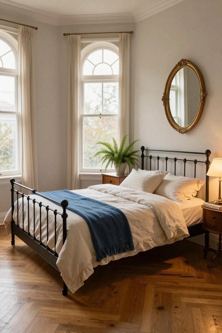 A bedroom with a black wrought-iron bed frame dressed in white linens and a blue throw blanket, beside arched windows, a gold mirror, a fern plant, and a bedside lamp on a wooden table.