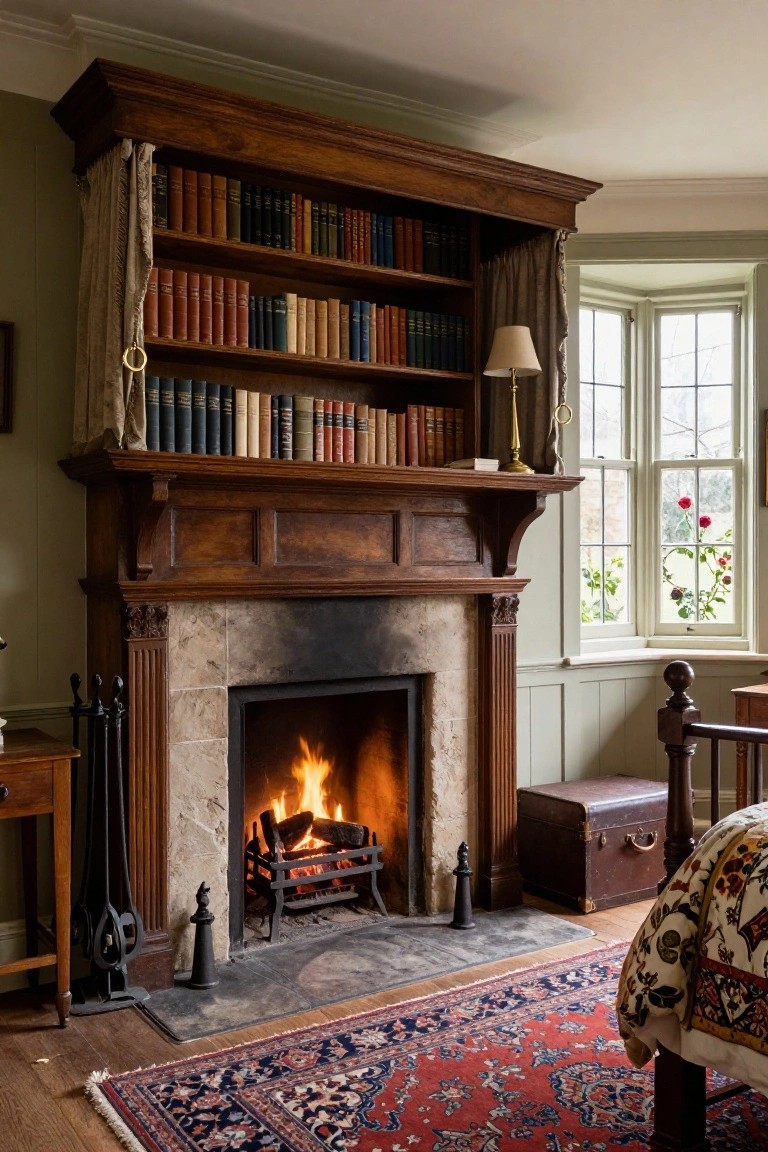 Cozy bedroom corner with wooden four-poster bed draped in floral bedding, antique trunk, stone fireplace with built-in wooden bookshelves, and bay window with roses outside.