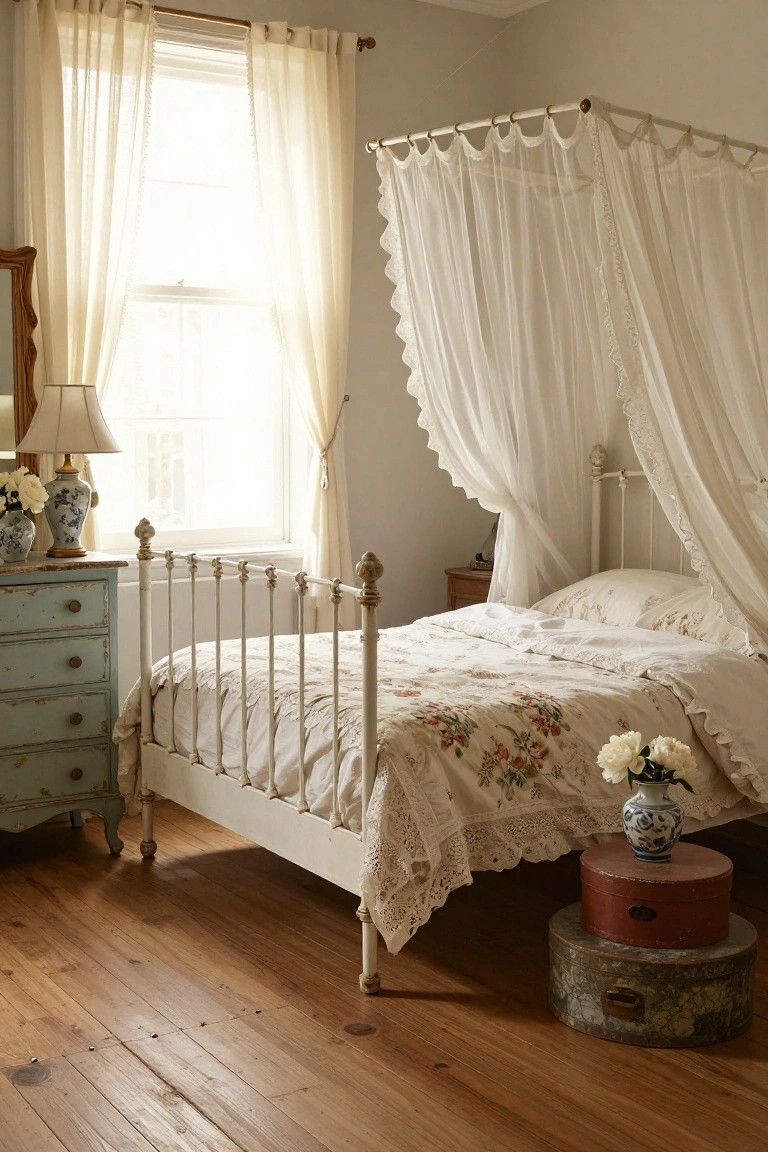 A bedroom interior with a white metal canopy bed frame draped in sheer white curtains, a turquoise painted dresser, blue and white vases, and hardwood floors.