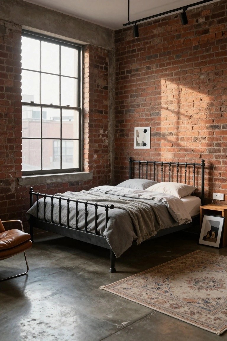Industrial loft bedroom with brick walls, black metal bed, and large window.