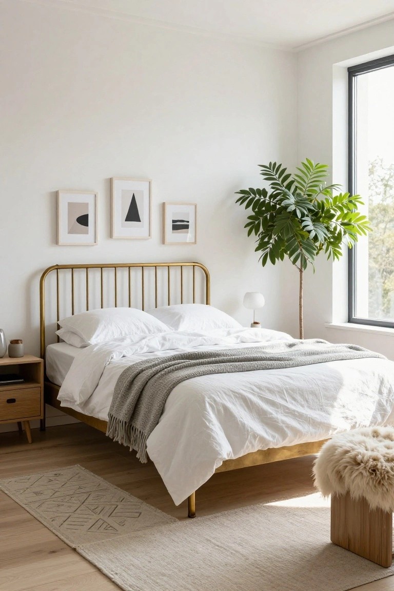 Bright bedroom with gold metal bed frame, white bedding draped with gray throw, wooden nightstand and lamp, tall potted plant by large window, sheepskin pouf, and light rugs on wood floor.