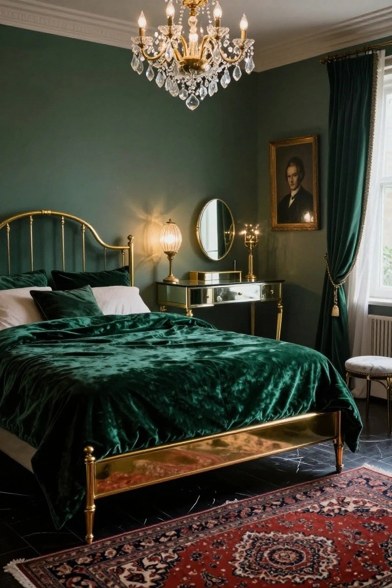 Ornate gold brass bed frame with emerald green velvet bedding and pillows in a dark green bedroom with chandelier, vanity table, portrait painting, and heavy curtains.