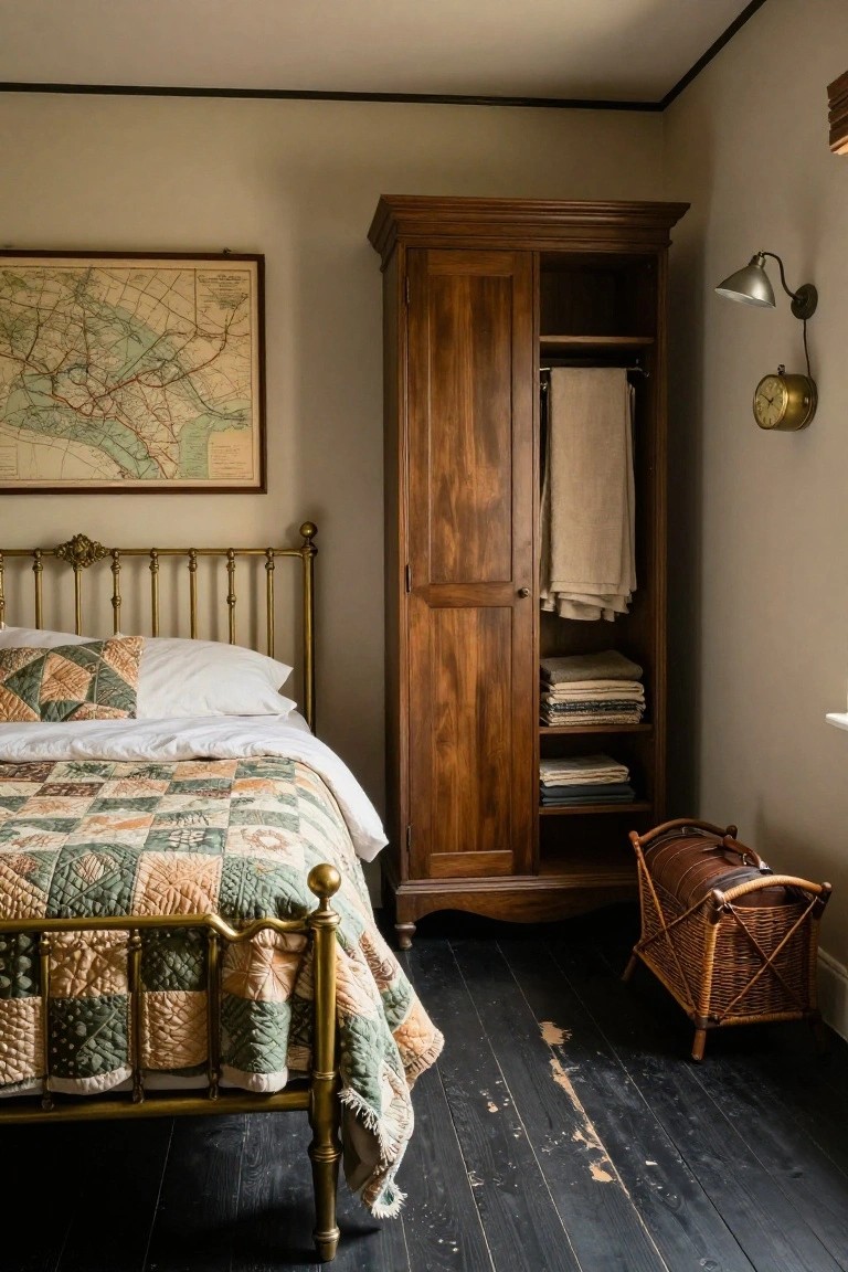 A small bedroom with an antique brass bed frame holding a quilted bedcover and pillows, next to a tall wooden wardrobe and a wall map.