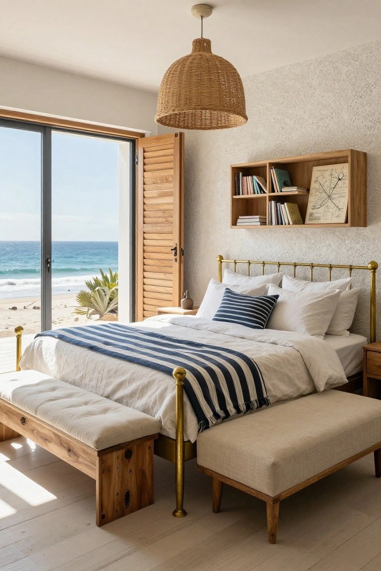 Bedroom with brass bed frame, white bedding draped with navy striped throw, wooden upholstered bench at foot, open louvered doors showing ocean and beach, woven pendant lamp overhead, wooden shelves on textured wall.