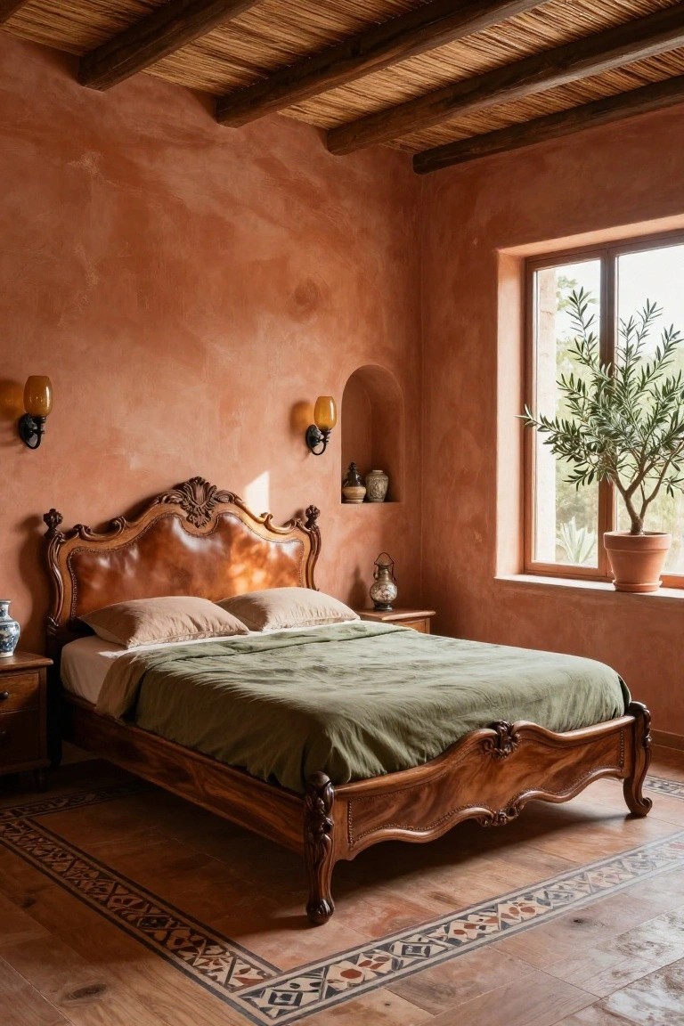 Bedroom interior with terracotta plaster walls, reed ceiling beams, carved wooden bed frame with leather-upholstered headboard, green bedding, wooden nightstands, wall sconces, and potted olive tree by window.