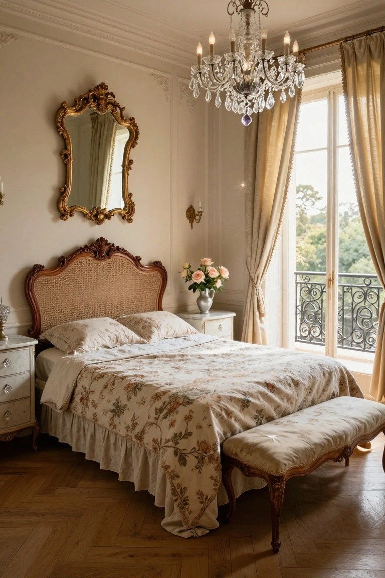 A sunlit bedroom with an ornate carved wood bed frame featuring a cane inset headboard, white linens, gold-framed mirror, crystal chandelier, and French doors with beige drapes.