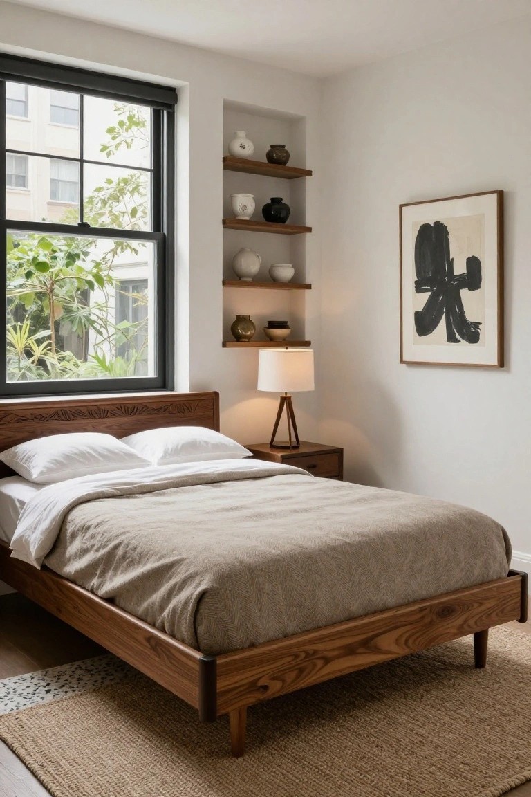 Bedroom with low wooden platform bed frame featuring carved headboard, white pillows and beige linen duvet, tripod lamp on matching nightstand, built-in shelves holding ceramic pots, and black-framed window showing plants outside.