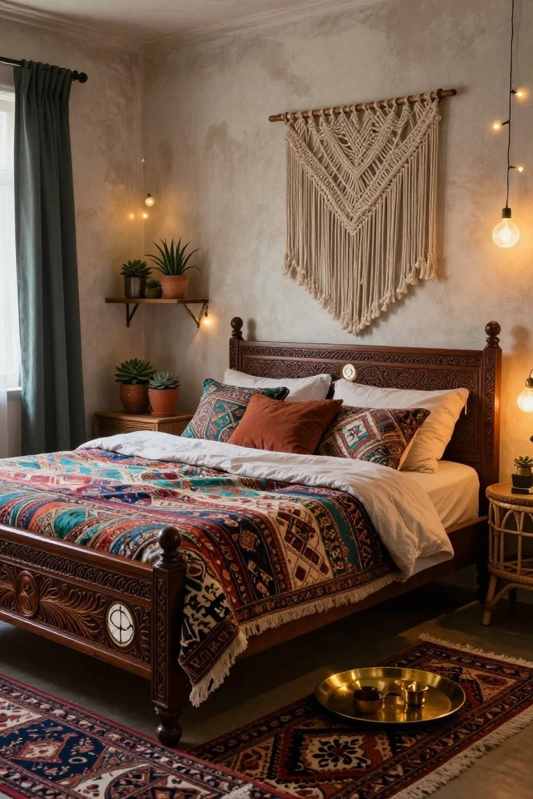 Bedroom with dark wood carved bed frame, multicolored patterned bedding and pillows, macrame wall hanging, potted plants on shelves, string lights, table lamps, rattan side table, and patterned rugs on floor.