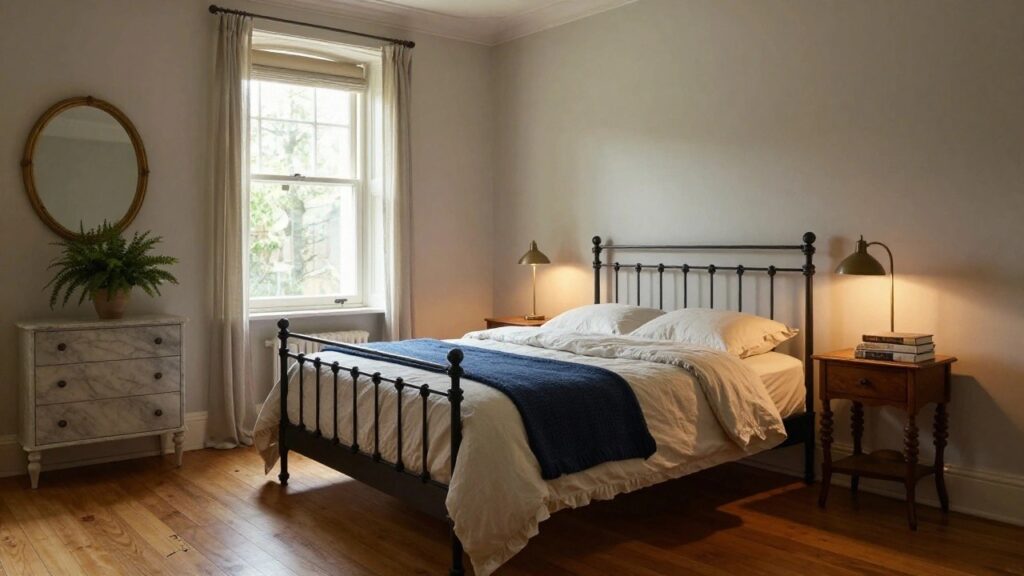 A bedroom with a black wrought-iron bed frame dressed in white linens and a blue throw blanket, beside arched windows, a gold mirror, a fern plant, and a bedside lamp on a wooden table.