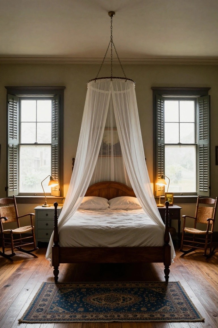 Wooden four-poster bed with white sheer canopy netting suspended from ceiling, flanked by nightstands with lamps and wooden rocking chairs, in a room with hardwood floors, blue rug, and tall shuttered windows.