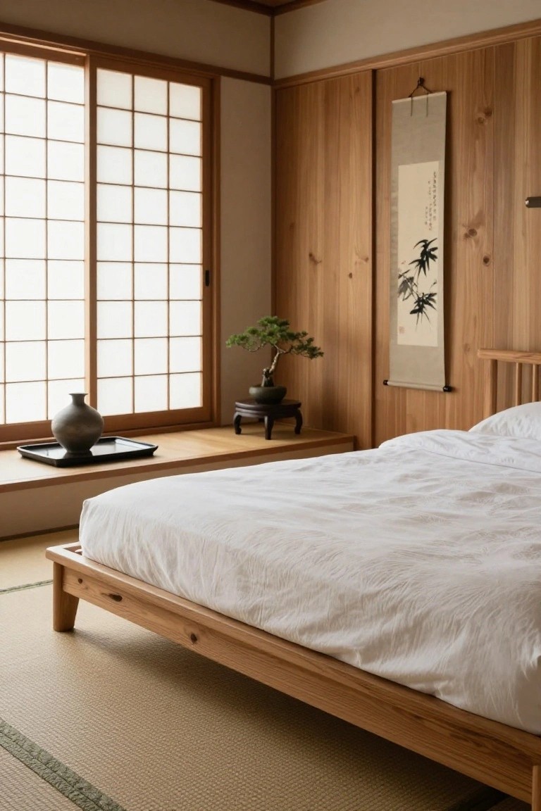 Japanese-style bedroom interior with low wooden platform bed frame on tatami flooring, white bedding, shoji screen window, bonsai plant on wooden shelf, gray vase, and hanging ink scroll on cedar walls.